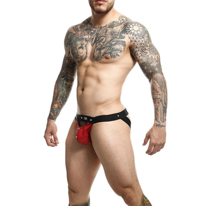 MOB Jockstrap Athlete Vermelho, vista frontal e traseira da peça de lingerie masculina com detalhes metálicos.