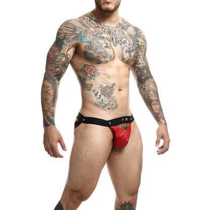 MOB Jockstrap Athlete Vermelho, vista frontal e traseira da peça de lingerie masculina com detalhes metálicos.