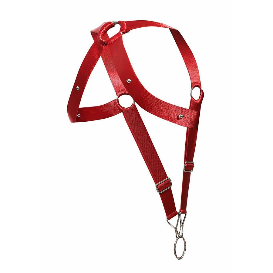 Arnês elástico MOB Cross Back Vermelho com design de costas cruzadas e argolas metálicas.
