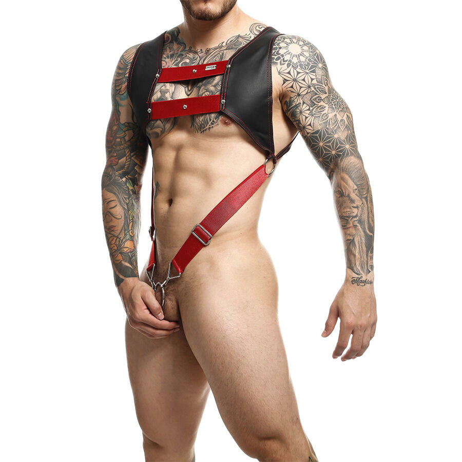 Arnês cropped MOB Dengeon com anel peniano vermelho, feito de couro sintético e metal, em tamanho único.