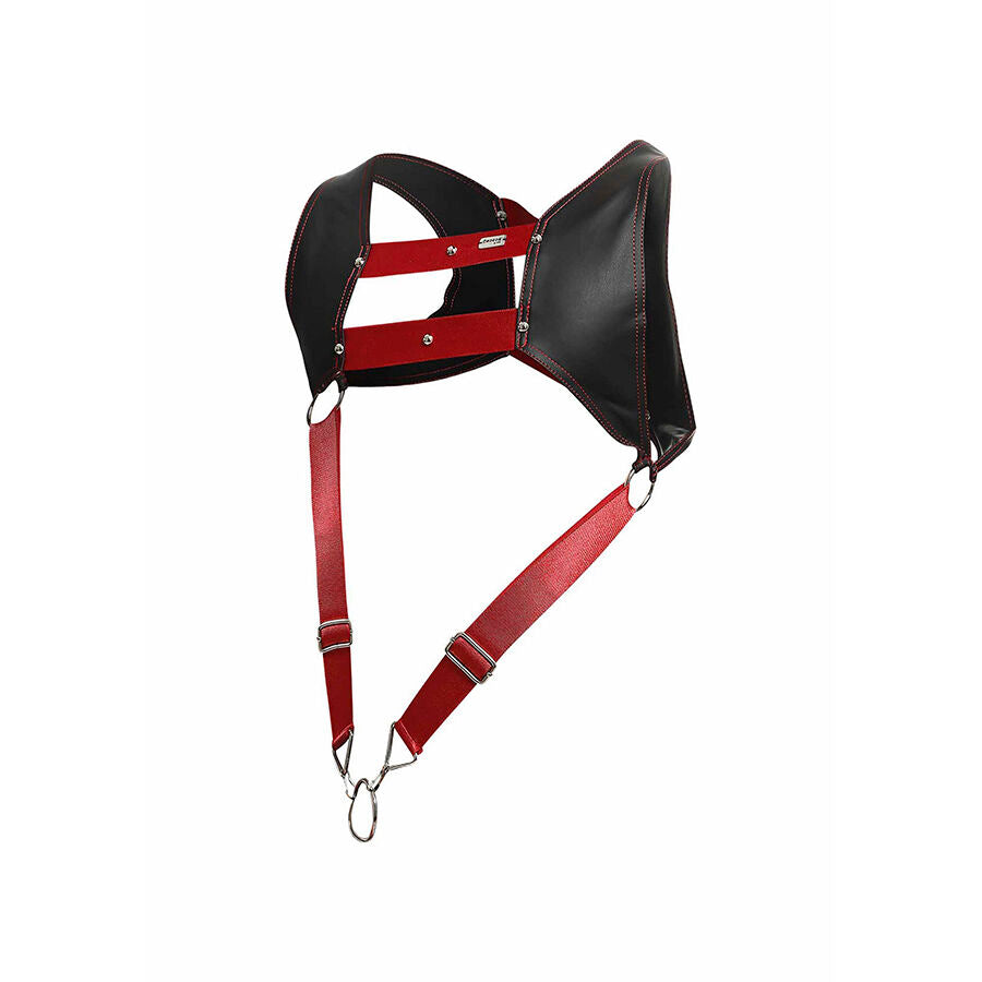 Arnês cropped MOB Dengeon com anel peniano vermelho, feito de couro sintético e metal, em tamanho único.