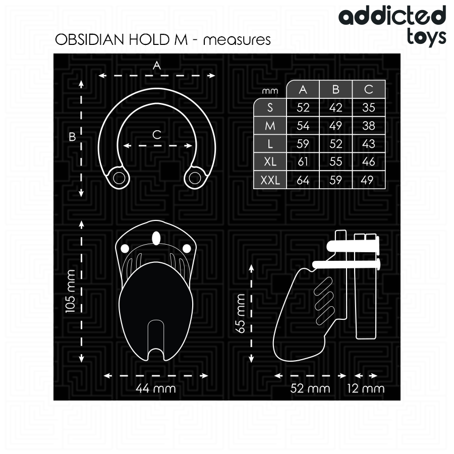 ADDICTED TOYS LOCKED Gaiola de castidade de pênis de obsidiana tamanho M com anéis e fechadura.
