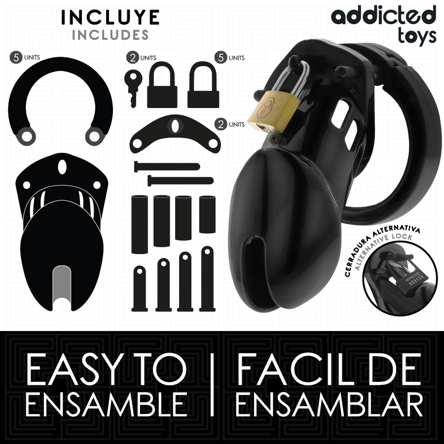 ADDICTED TOYS LOCKED Gaiola de castidade de pênis de obsidiana tamanho M com anéis e fechadura.