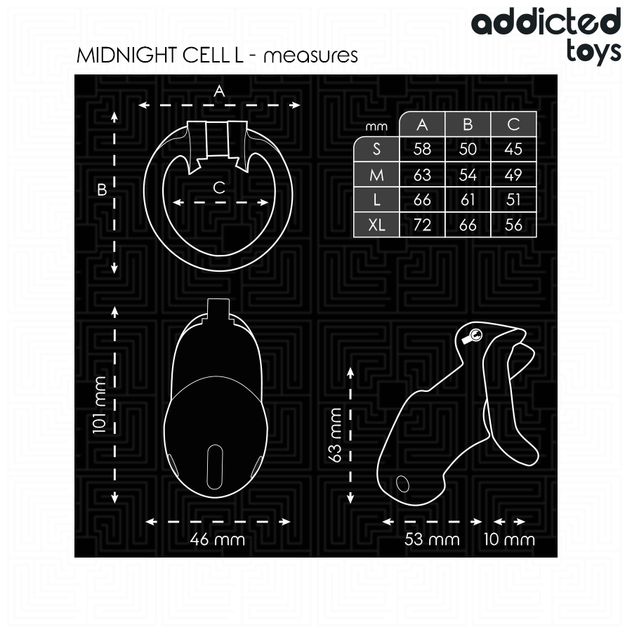 Gaiola peniana ADDICTED TOYS LOCKED Mindnight Cell para controlo e submissão, com anéis de ajuste e fechadura.