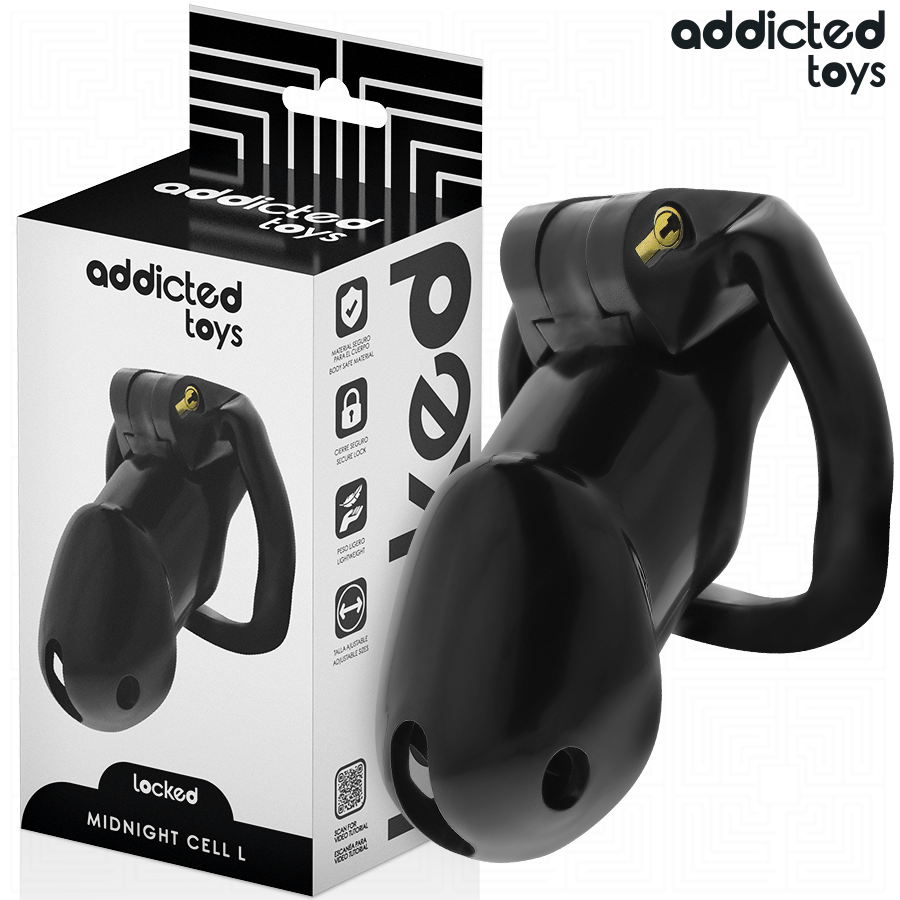 Gaiola peniana ADDICTED TOYS LOCKED Mindnight Cell para controlo e submissão, com anéis de ajuste e fechadura.