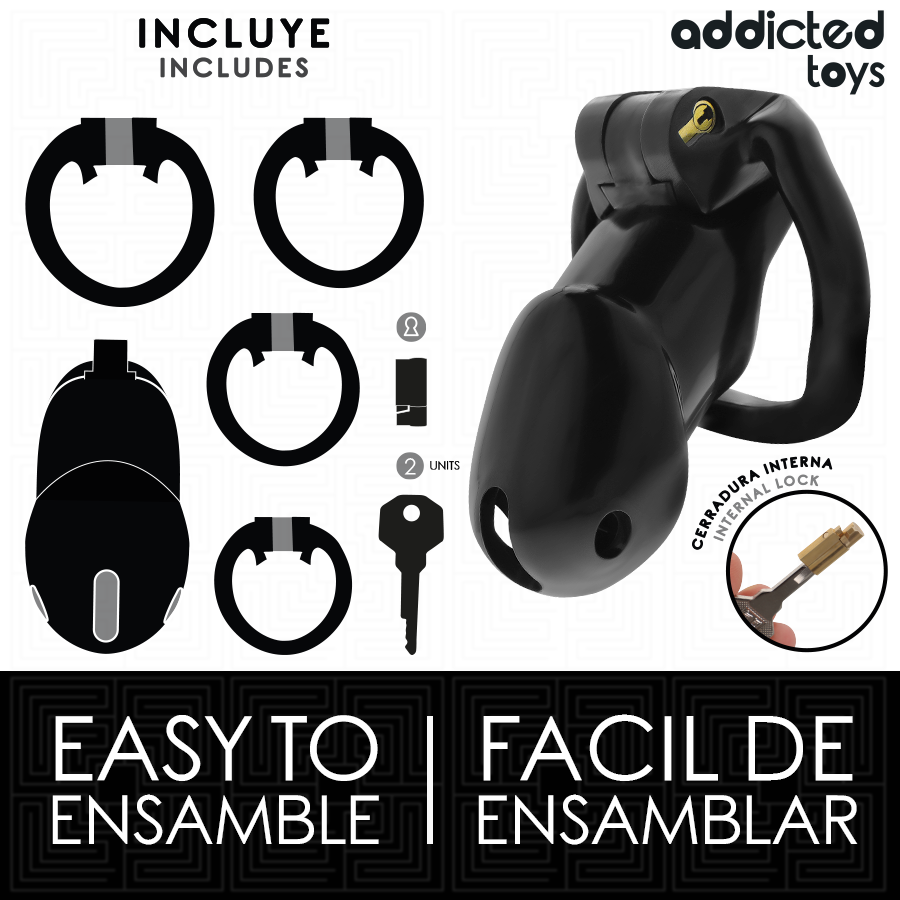 Gaiola peniana ADDICTED TOYS LOCKED Mindnight Cell para controlo e submissão, com anéis de ajuste e fechadura.