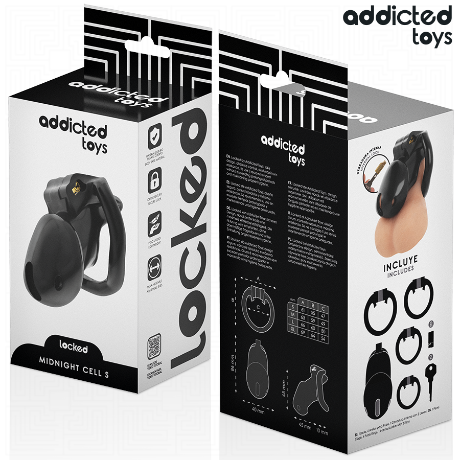 Gaiola peniana ADDICTED TOYS LOCKED Mindnight Cell S com anéis de ajuste e mecanismo de fecho.