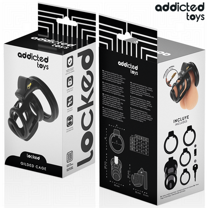 Imagem da Gaiola de Castidade Metálica Addicted Toys Gilden 8.5cm com todos os seus componentes.