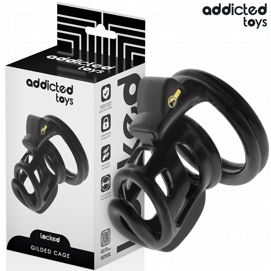 Imagem da Gaiola de Castidade Metálica Addicted Toys Gilden 8.5cm com todos os seus componentes.