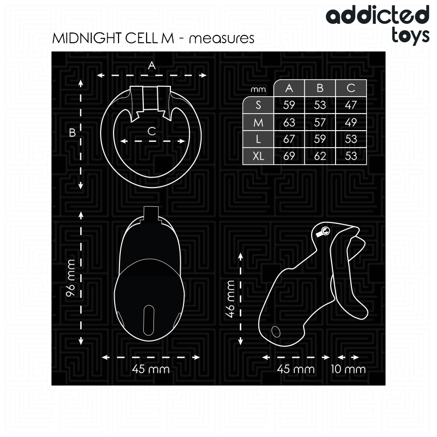Detalhe da Gaiola Peniana Addicted Toys Locked Mindnight Cell com anéis de ajuste.
