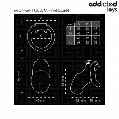 Detalhe da Gaiola Peniana Addicted Toys Locked Mindnight Cell com anéis de ajuste.
