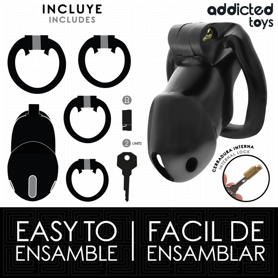 Detalhe da Gaiola Peniana Addicted Toys Locked Mindnight Cell com anéis de ajuste.