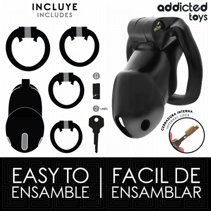 Detalhe da Gaiola Peniana Addicted Toys Locked Mindnight Cell com anéis de ajuste.
