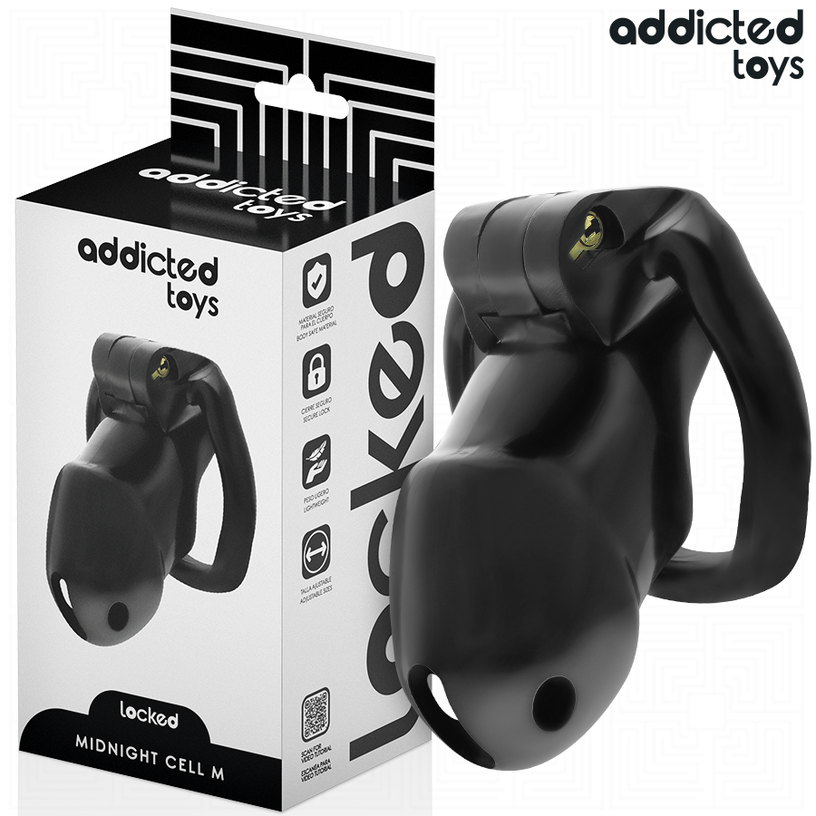 Detalhe da Gaiola Peniana Addicted Toys Locked Mindnight Cell com anéis de ajuste.