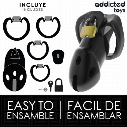 Gaiola de castidade ADDICTED TOYS LOCKED inquebrável, com anéis de diferentes tamanhos e cadeado simples.