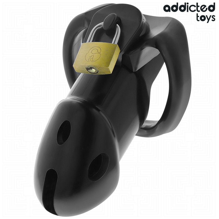 Gaiola de castidade ADDICTED TOYS LOCKED inquebrável, com anéis de diferentes tamanhos e cadeado simples.