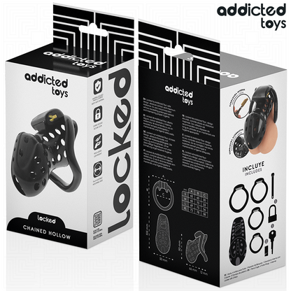 Gaiola de castidade oca ADDICTED TOYS LOCKED com corrente e anéis de tamanhos variados para controlo e submissão.