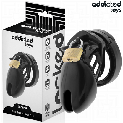 Close-up da Gaiola de Castidade de Obsidiana ADDICTED TOYS LOCKED Tamanho S, mostrando seu design e componentes.