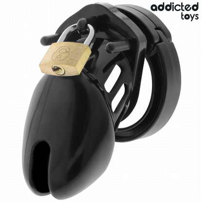 Close-up da Gaiola de Castidade de Obsidiana ADDICTED TOYS LOCKED Tamanho S, mostrando seu design e componentes.