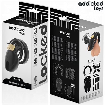 Close-up da Gaiola de Castidade de Obsidiana ADDICTED TOYS LOCKED Tamanho S, mostrando seu design e componentes.