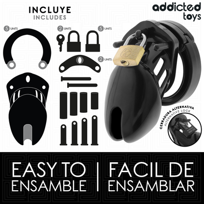 Close-up da Gaiola de Castidade de Obsidiana ADDICTED TOYS LOCKED Tamanho S, mostrando seu design e componentes.