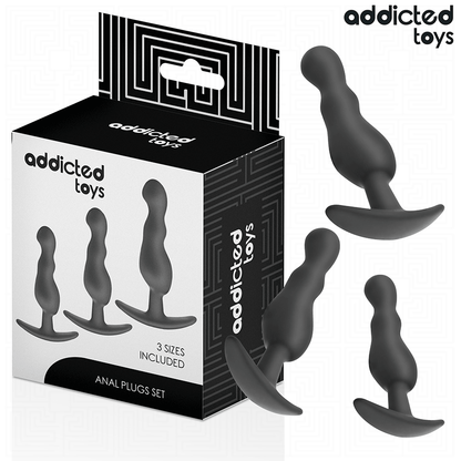 Conjunto de 3 plugs anais Addicted Toys em silicone, com tamanhos variados e design ondulado ergonómico para estimulação progressiva.