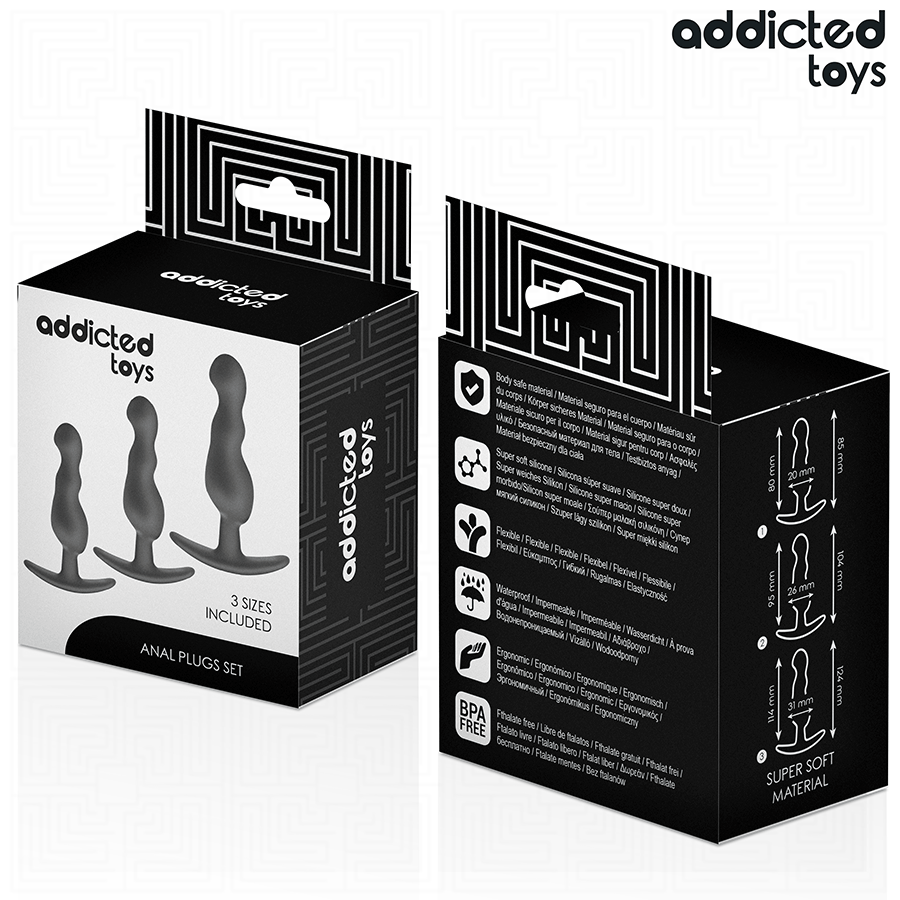 Conjunto de 3 plugs anais Addicted Toys em silicone, com tamanhos variados e design ondulado ergonómico para estimulação progressiva.