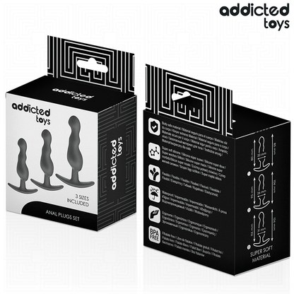 Conjunto de 3 plugs anais Addicted Toys em silicone, com tamanhos variados e design ondulado ergonómico para estimulação progressiva.