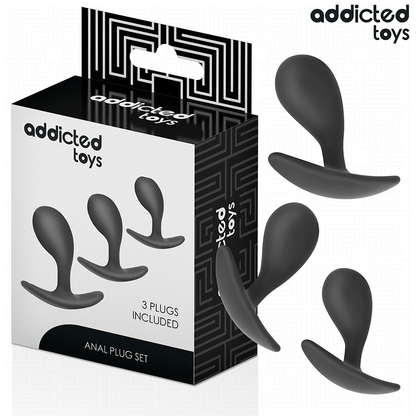 Imagem do Conjunto de 3 Plugs Anais ADDICTED TOYS, mostrando os diferentes tamanhos e o material de silicone macio.