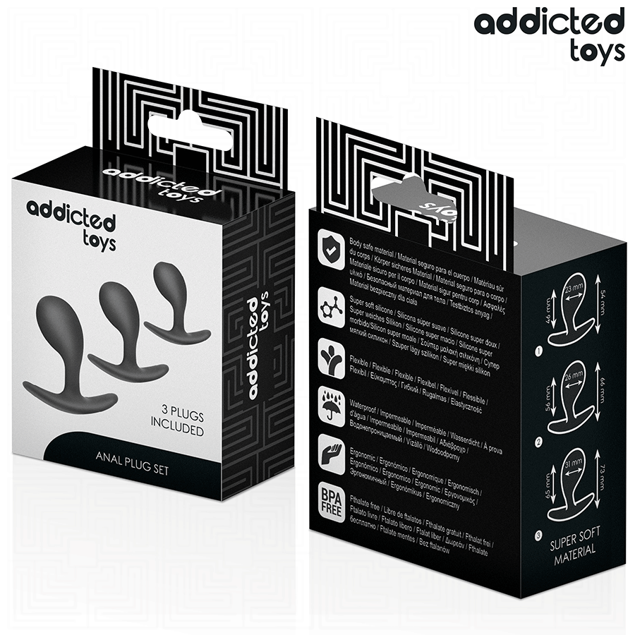 Imagem do Conjunto de 3 Plugs Anais ADDICTED TOYS, mostrando os diferentes tamanhos e o material de silicone macio.