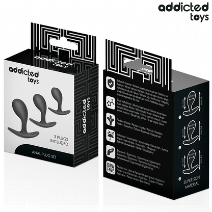 Imagem do Conjunto de 3 Plugs Anais ADDICTED TOYS, mostrando os diferentes tamanhos e o material de silicone macio.