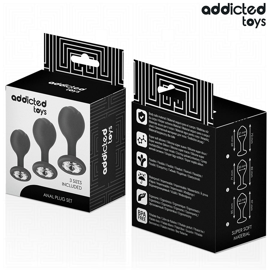 Close-up do Conjunto de 3 Plugs Anais Addicted Toys com Joia, mostrando os diferentes tamanhos e o material de silicone suave.