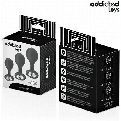 Close-up do Conjunto de 3 Plugs Anais Addicted Toys com Joia, mostrando os diferentes tamanhos e o material de silicone suave.