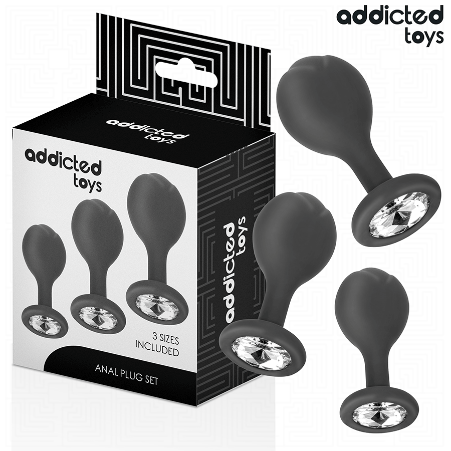 Close-up do Conjunto de 3 Plugs Anais Addicted Toys com Joia, mostrando os diferentes tamanhos e o material de silicone suave.