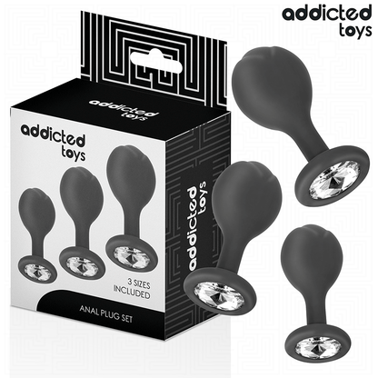Close-up do Conjunto de 3 Plugs Anais Addicted Toys com Joia, mostrando os diferentes tamanhos e o material de silicone suave.