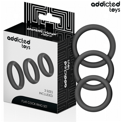 Conjunto de Anéis Penianos Planos de Silicone da ADDICTED TOYS em diferentes tamanhos e sua textura.