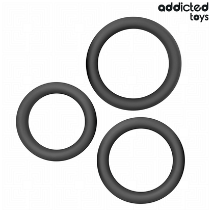Conjunto de Anéis Penianos Planos de Silicone da ADDICTED TOYS em diferentes tamanhos e sua textura.