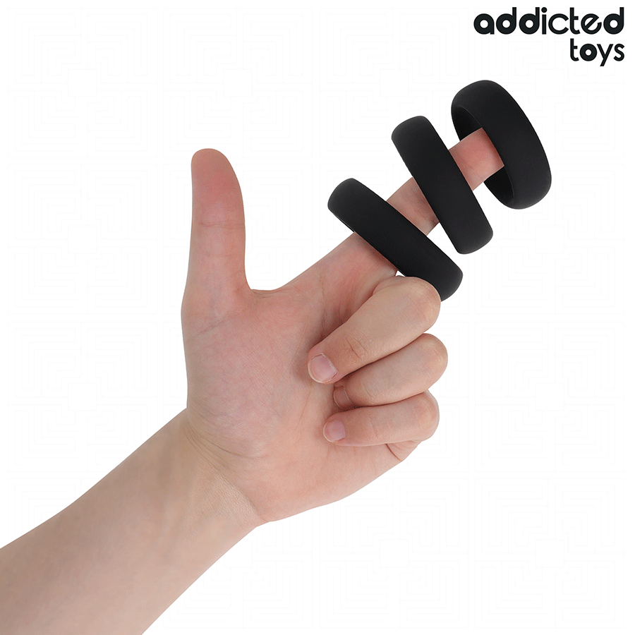 Conjunto de Anéis Penianos Planos de Silicone da ADDICTED TOYS em diferentes tamanhos e sua textura.