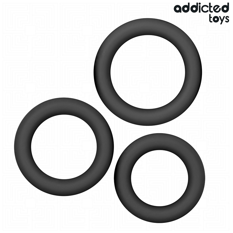 Conjunto de anéis penianos de silicone Addicted Toys em três tamanhos diferentes para melhor desempenho e estimulação.