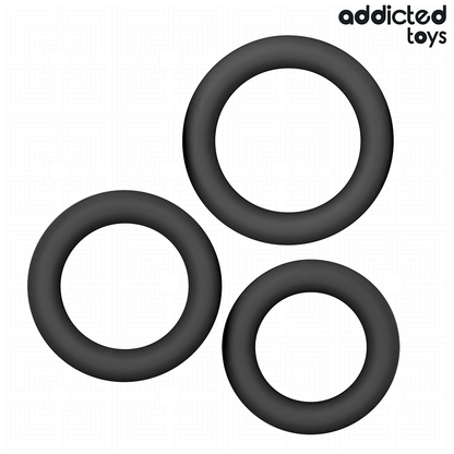 Conjunto de anéis penianos de silicone Addicted Toys em três tamanhos diferentes para melhor desempenho e estimulação.