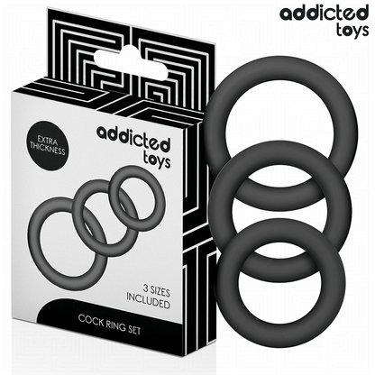 Conjunto de anéis penianos de silicone Addicted Toys em três tamanhos diferentes para melhor desempenho e estimulação.