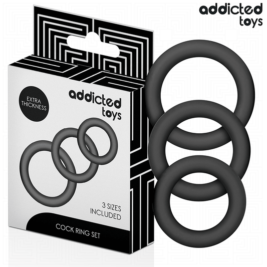 Conjunto de anéis penianos de silicone Addicted Toys em três tamanhos diferentes para melhor desempenho e estimulação.
