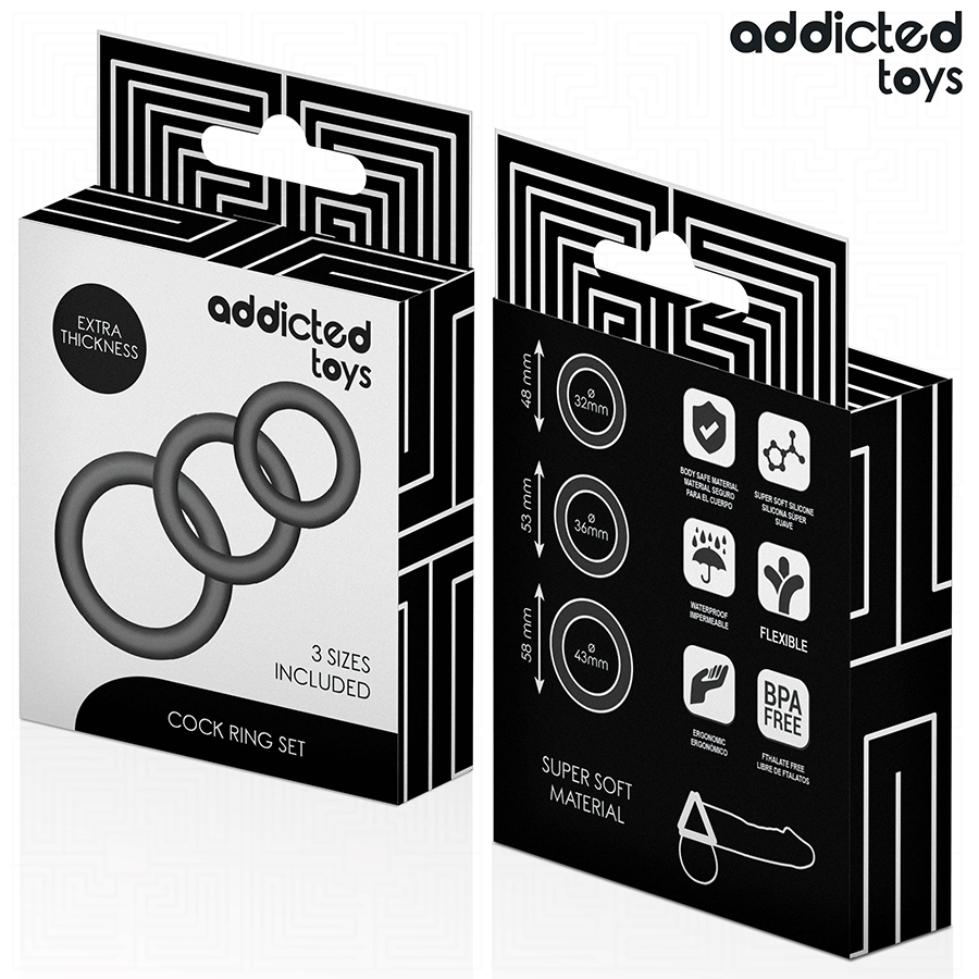 Conjunto de anéis penianos de silicone Addicted Toys em três tamanhos diferentes para melhor desempenho e estimulação.