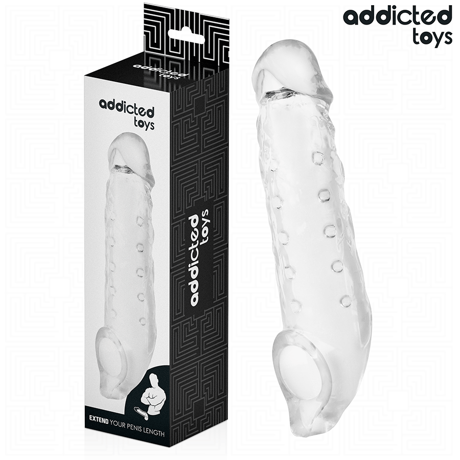 Close-up of the ADDICTED TOYS Transparent Penis Sleeve 27cm Size M, showing its material and design.
