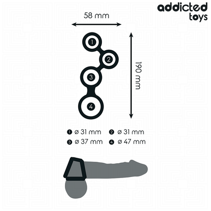 Anel peniano Addicted Toys com divisores para testículos, otimizado para ereção e estimulação.