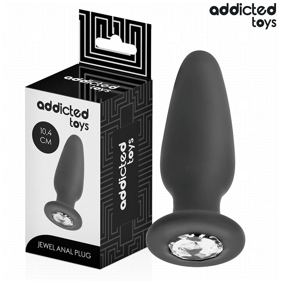 Close-up do Addicted Toys Plug Anal com Joia Tamanho M, destacando seu design ergonómico e base decorativa.