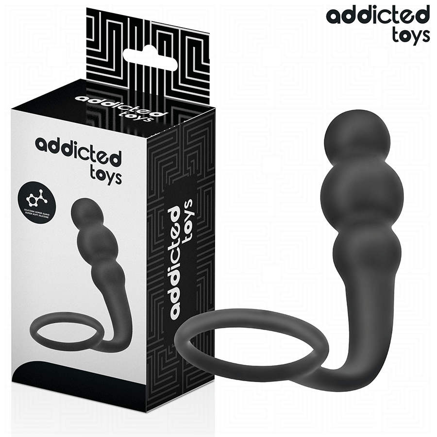 ADDICTED TOYS Plug Anal com Anel Modelo 1 de silicone médico, detalhe do design e textura.