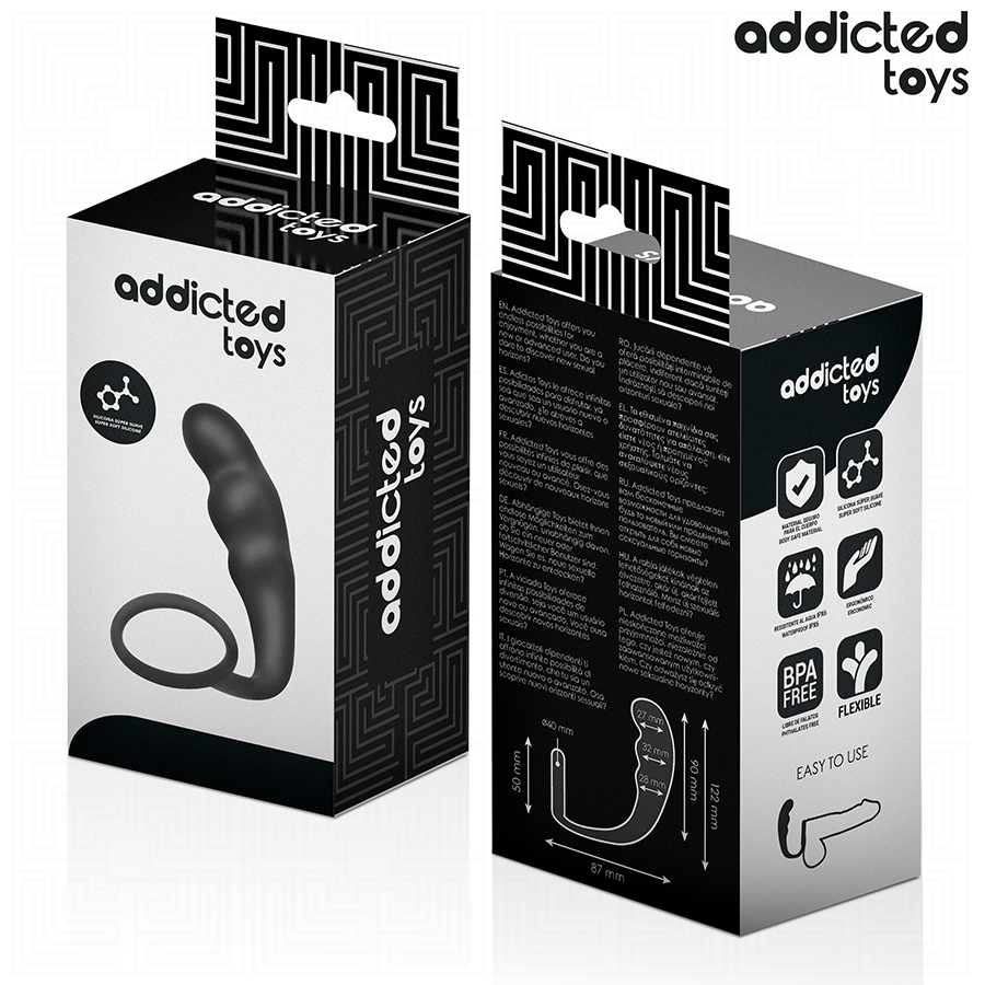 Close-up do Plug Anal com Anel Modelo 4 da ADDICTED TOYS, destacando o design ergonómico e o anel testicular.