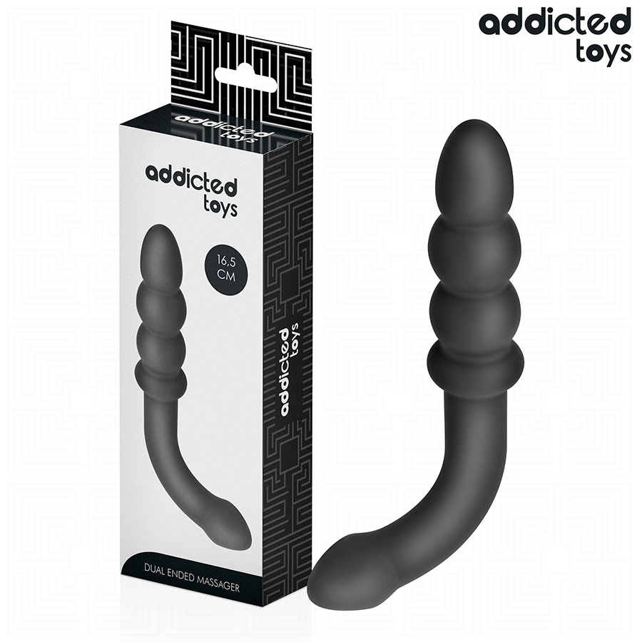 Close-up of the Addicted Toys 16.5cm Double Ended Massager, showing its progressive balls and medical-grade silicone texture.