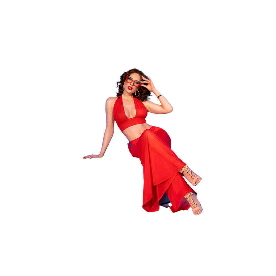 CHILIROSE Conjunto de Blusa, Pantalón y Tanga Tejido Transparente Rojo